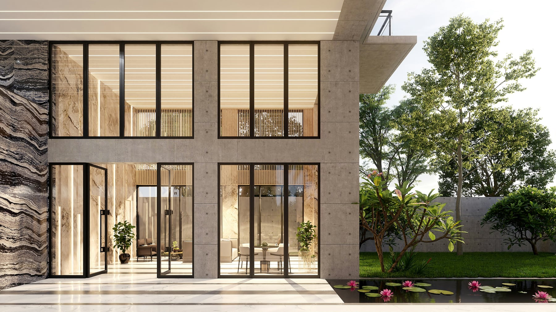 Moderne duurzame woning met grote ramen en groene tuin